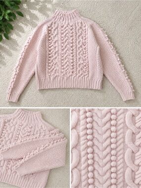 Wool Pale Pink Cable Bobble Mock Neck Sweater